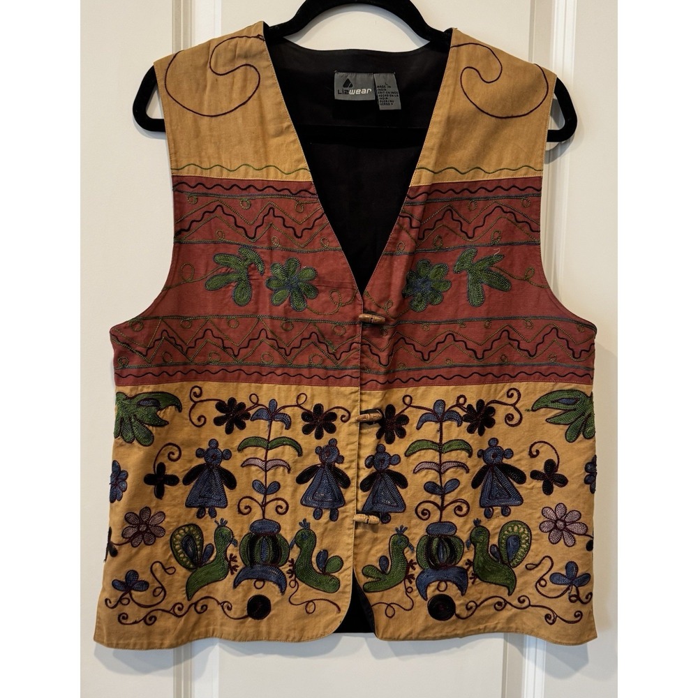 Vintage Lizwear Embroidered Vest L Floral Bird Design Boho Folk India